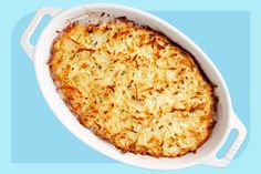 a casserole dish is shown on a blue background