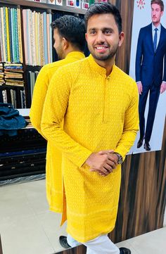 "This is a kurta pajama by Golden Attire crafted from high quality fabric and imported materials. Our products are handcrafted by experienced tailors who make sure the that the stitching is precise, lining is proper and the overall product is sturdy enough to not go out of shape for more than a few years. Also all our products have extra margins in their length, sleeves, sides so it's easily alterable if your size changes after some time. To see more available colours and designs in this collection, Check out the 'Classic kurta pajama Section. *This is a 'Classic kurta pajama *We also offer customization so we can provide you an even better fit if you massage us your measurements (in inches) of Chest, Stomach, Waist, Hip, Shoulder and Actual Height after ordering. *Want this product but in Long Sleeve Kurta With Cutdana For Navratri, Festive Kurta With Naqshi For Festivals, Festive Naqshi Kurta For Festivals, Yellow Kurta For Puja, Cotton Unstitched Suit With Cutdana And Long Sleeves, Unstitched Cotton Suit With Cutdana Details, Festival Naqshi Unstitched Straight Kurta Suit, Navratri Lawn Suit With Naqshi Straight Kurta, Navratri Lawn Suit With Naqshi Embroidery