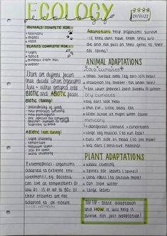 a paper with writing on it that says ecology and an image of plants in the bottom right corner