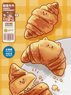 there are some croissants on the table with one cut in half to look like a bear