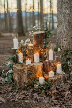 candles are placed on logs in the woods