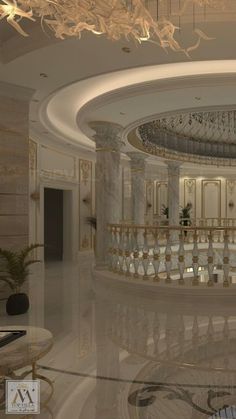 a large circular room with chandelier and marble flooring is shown in this rendering