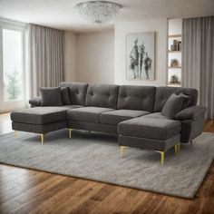 a living room with a sectional couch and rug