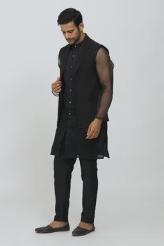 Shop for RNG Safawala Black Raw Silk Open Jacket And Kurta Set for Men Online at Aza Fashions Sheer Pants, Kurta Set For Men, Rohit Bal, Open Jacket, Lapel Jacket, Sequin Embroidery, Nehru Jackets, Dupion Silk, Men’s Suits