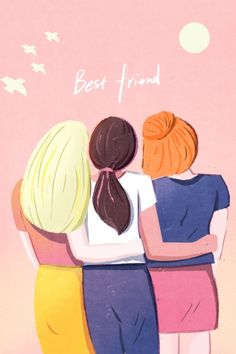 three girls hugging each other with the words best friend above them on a pink background