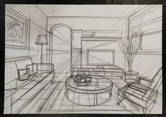 a drawing of a living room with couches and chairs