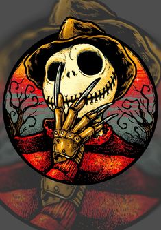 a skeleton wearing a cowboy hat and holding a pair of scissors in front of an orange sunset