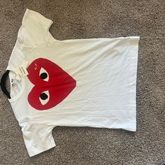 Size Small, Cdg Play Shirt Summer White Shirt With Heart Graphic, Casual Red Shirt With Heart Graphic, White Shirt With Heart Graphic For Spring, White Crew Neck Shirt With Heart Graphic, White Short Sleeve Shirt With Heart Graphic, Comme Des Garcons Play Shirt, Camo Heart, Play Heart, Cdg Play