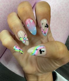 Rainbow Disney Nails, Tropical Disney Nails, Bright Disney Nails, Disney Vacation Nails, Disney World Nails Designs, Dumbo Nails, Disney Almond Nails, Disney Cruise Nails, Disney Nails Simple