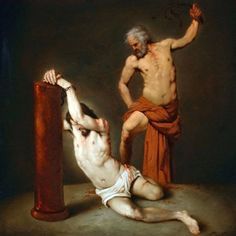 a painting of two men with one being nailed to the ground by another man's leg