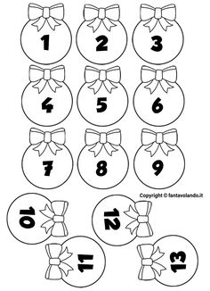 an image of numbers and bows for the christmas ornament worksheet to practice counting