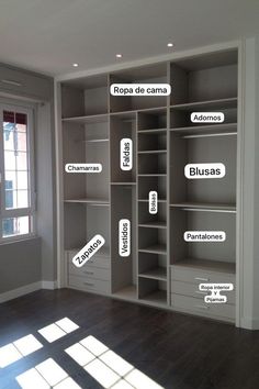 an empty room with many shelves and labels on the walls, including words that spell out their names