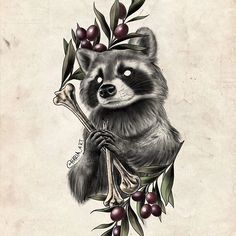 a drawing of a raccoon holding a bone in it's mouth and surrounded by berries