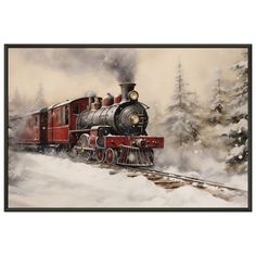 a painting of a red train traveling through the snow covered forest with pine trees in the background