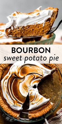 a pie with whipped cream on top and the words bourbon sweet potato pie above it