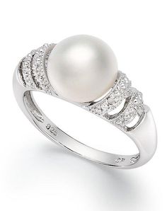 Macy's Fine Jewelry Sterling Silver Ring, Cultured Freshwater Pearl (9mm) and Diamond Accent Ring Wedding Jewelry - The Knot Pearl Rings, Buy Pearls, Freshwater Pearl Jewelry, Bling Rings, Pearl Ring, Bling Bling, Sterling Ring, Pearl Jewelry, Sterling Silver Ring