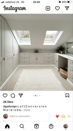 an instagram page with white cabinets and skylights