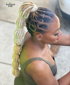 Loc Styles For The Gym, Bubble Ponytail Locs, Loc Bubble Ponytail, Female Dreadlocks Styles Long, Long Blonde Locs, Blond Locs, Loc Styles Medium Updo Women, Loc Ponytail