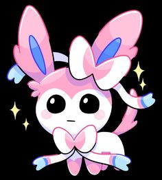 a pink bunny with blue ears and stars around it's neck, sitting in front of a black background