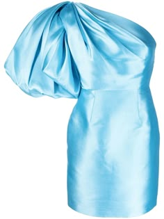 sky blue taffeta gathered detailing one-shoulder single puff sleeve above-knee length straight hem Preppy Closet, Pageant Interview, Interview Dress, Solace London, Dana Point, Blue Cocktail Dress, Cute Winter Outfits, Love Clothing, Blouse Outfit