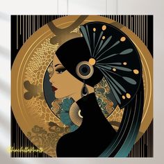 an art deco poster with a woman's profile