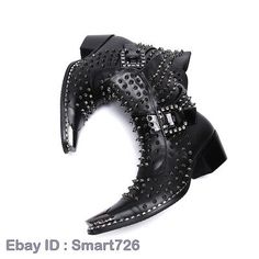 Men Fashion Punk Rivet Buckle Strap Pointy Toe Ankle Boot Youth Leather Shoes | eBay Edgy Pointed Toe Summer Boots, Punk Ankle Boots For Party, Punk Style Ankle Boots For Party, Punk Style Party Ankle Boots, Winter Party Moto Boots With Metal Feet, Edgy Martin Boots For Fall Party, Edgy Fall Party Martin Boots, Punk Style High Heel Martin Boots In Faux Leather, Trendy Moto Boots With Rivets For Party