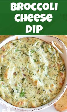 broccoli cheese dip in a white bowl with bread on the side and green text overlay