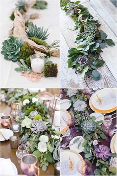 the table is decorated with succulents and candles