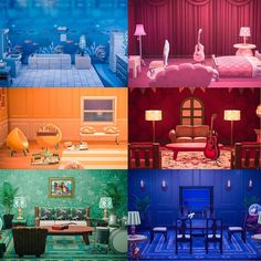 there are four different rooms in the same house, each with blue furniture and pink walls