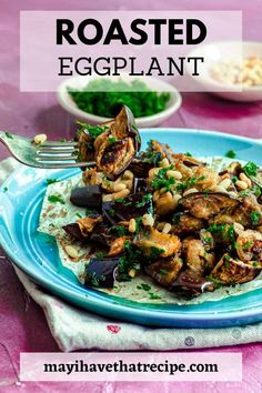 roasted eggplant with mushrooms and parsley on a blue plate