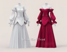 two dresses with long sleeves, one in white and the other in red