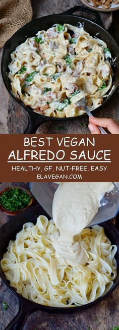 the best vegan alfredo sauce is in a skillet and ready to be eaten