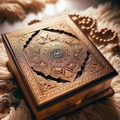 an intricately decorated wooden box sitting on top of a rug