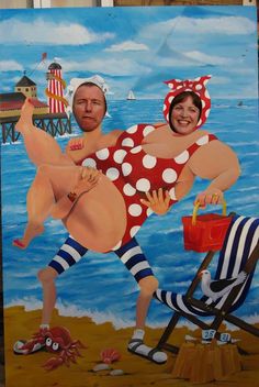 a painting of a man and woman in bathing suits on the beach with an umbrella