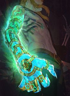 a digital painting of a person holding something in their hand with glowing green and blue colors