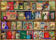 a book shelf filled with lots of different books on top of each other, all covered in christmas cards