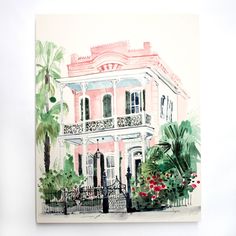 a watercolor painting of a pink house with palm trees and flowers on the front