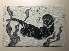 a black and white drawing of an otter swimming in the water, with bubbles coming out of its mouth