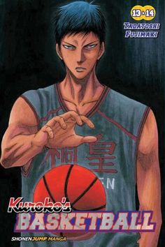 an anime character holding a basketball ball in his hand and pointing to it with both hands