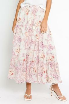 Final Sale-Get it before it's gone! Live a romantic dream with the Daphne Ivory Floral Print Ruffle Midi Skirt! Woven fabric in an Ivory, violet, blush, rust, and cream floral print, forms this lovely midi skirt with a drawstring tassel tie waist and full flaring silhouette that ends in a ruffled hem. Pair with a white tank and sandals for the perfect look! DETAILS & CARE Rayon. Machine Wash Cold. Imported. Bohemian Princess, Ruffle Midi Skirt, Boho Maxi Skirt, Maxi Skirt Boho, Tiered Maxi Skirt, Floral Maxi Skirt, Elegant Skirt, Floral Midi Skirt, Floral Print Skirt