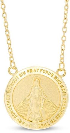 Zales Virgin Mary Medallion Necklace in 10K Gold - 17" Miraculous Medal Necklace For Anniversary, Anniversary Necklace With Miraculous Medal, Miraculous Medal Necklace With Round Pendant For Anniversary, Gold Medallion Necklace For Commemoration, Round Miraculous Medal Necklace For Anniversary, Anniversary Necklace With Miraculous Medal Pendant, Commemorative Jewelry With Miraculous Medal, Miraculous Medal Medallion Necklace, 14k Gold Miraculous Medal Jewelry