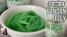 a bowl filled with green jell next to two glasses full of liquid and the words, chef banji lot pandan jelly