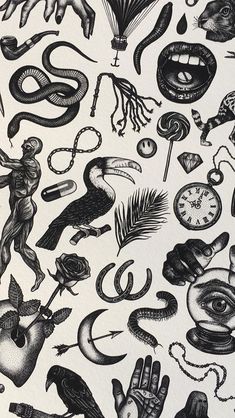 black and white drawing of many different things in the air, including hands, clocks, birds, snakes, eyeballs