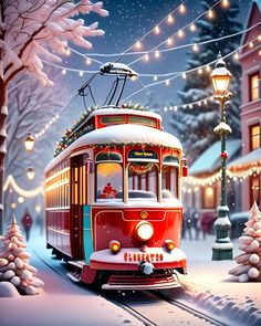 a red trolley car traveling down a snow covered street next to christmas trees and lights