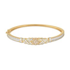 The endless luxury of fine diamond jewelry! This exquisite 14t gold-plated sterling silver bangle features over 1/3 carat of genuine diamonds! 60 diamonds – over a 1/3 carat – are meticulously set in the sculpted, dimensional setting. Elegantly presented in our signature gift box. Elegant White Gold Bangle With Baguette Diamonds, Fine Jewelry Baguette Diamond Bangle Bracelet, Luxury Diamond Bangle With Baguette Diamonds, Elegant Baguette Diamond Bangle For Formal Events, Elegant Diamond Bangle With Baguette Diamonds, Gold Bangle With Baguette Diamonds, Classic Baguette Diamond Bangle Jewelry, Classic Baguette Diamond Bangle, Diamond Bangle With Baguette Diamonds For Anniversary