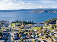 an aerial view of a town and lake