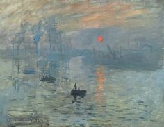 a painting of boats in the water at sunset or sunrise, with one person on a small boat