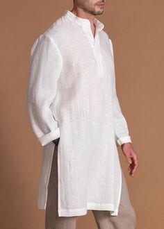 Shop long sleeves linen tunic in various colors! Natural, breathable and soft. Worldwide shipping and full refunds. Made-to-measure. Long Linen Shirt, Mens Tunic, Mens Smart Casual Outfits, Kurta Men, Indian Men Fashion, Linen Men, Hipster Mens Fashion, Luxury Wear, Linen Clothing