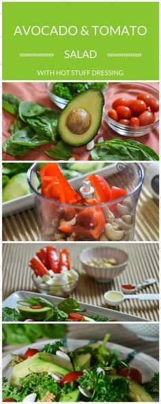 avocado and tomato salad is shown in three different pictures