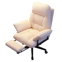 a white reclining chair with footstool and ottoman in front of a white background